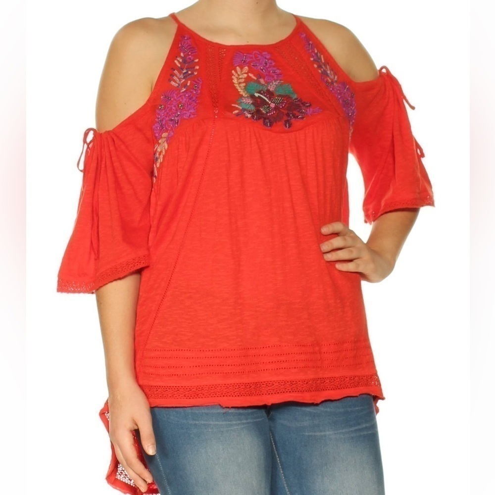 CLEARANCE FREE PEOPLE FAST TIMES EMBROIDERED BEADED FLOWY TOP RED MEDIUM